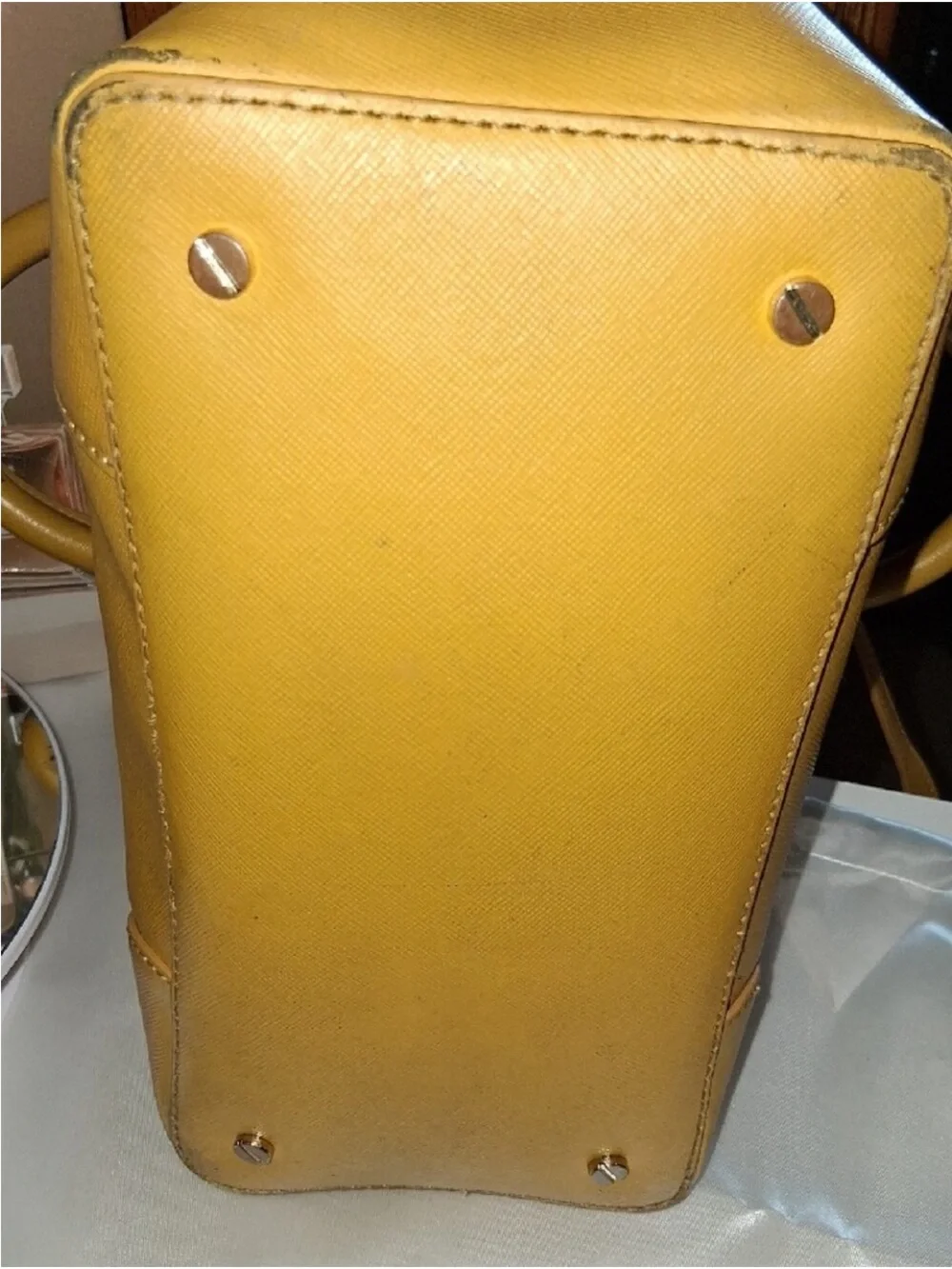 Tory Burch Yellow Leather Shoulder Tote with Patterned Scarf Accent